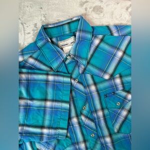 Wrangler Wrancher Shirt Mens Large Blue Plaid Pearl Snap Western Cowboy‎ Rodeo